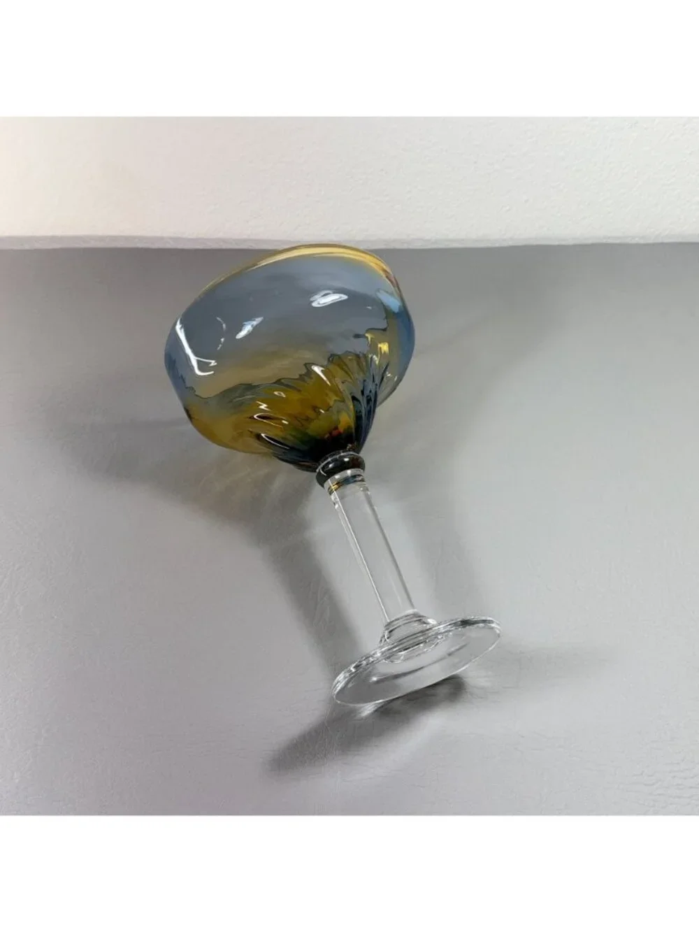 Vintage Pier 1 Hand Blown Blue Amber Swirl Ombre Margarita Glass Barware